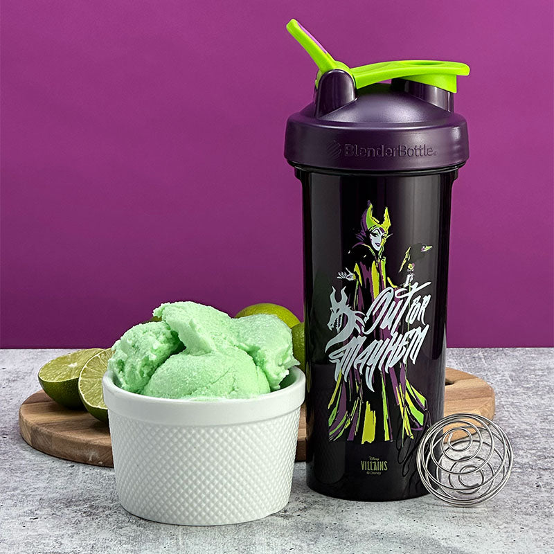 Maleficent shaker bottle next to lime sherbet ice cream