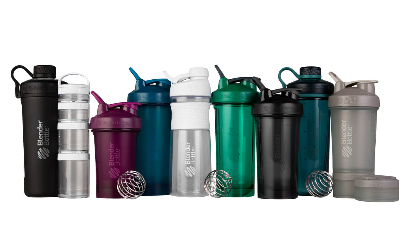 A collection of colorful plastic and stainless steel shaker and a BlenderBottle GoStak and ProStak.