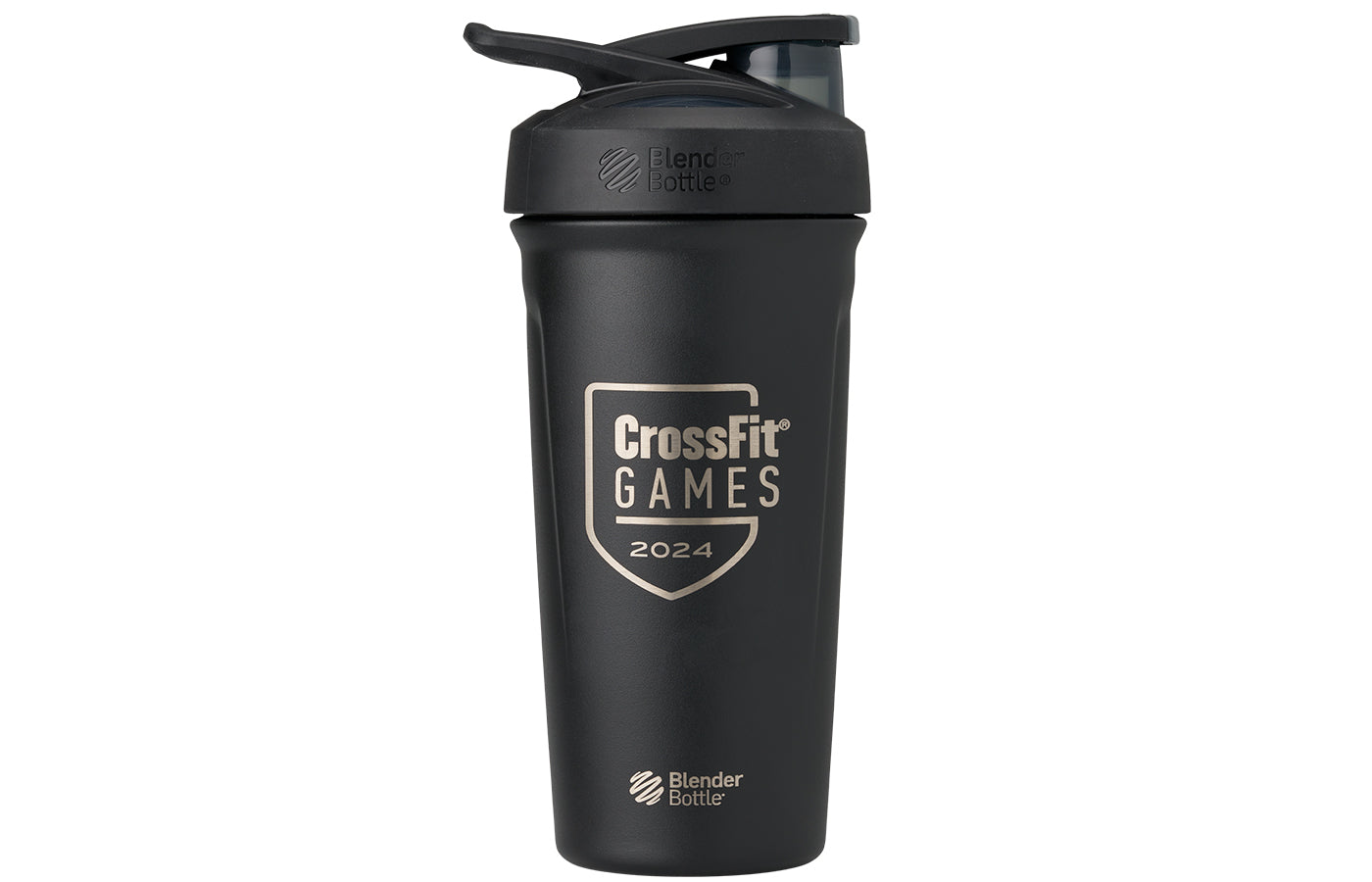 Black shaker with flip-lid featuring a visible close-up of the 2024 CrossFit Games logo on its surface.