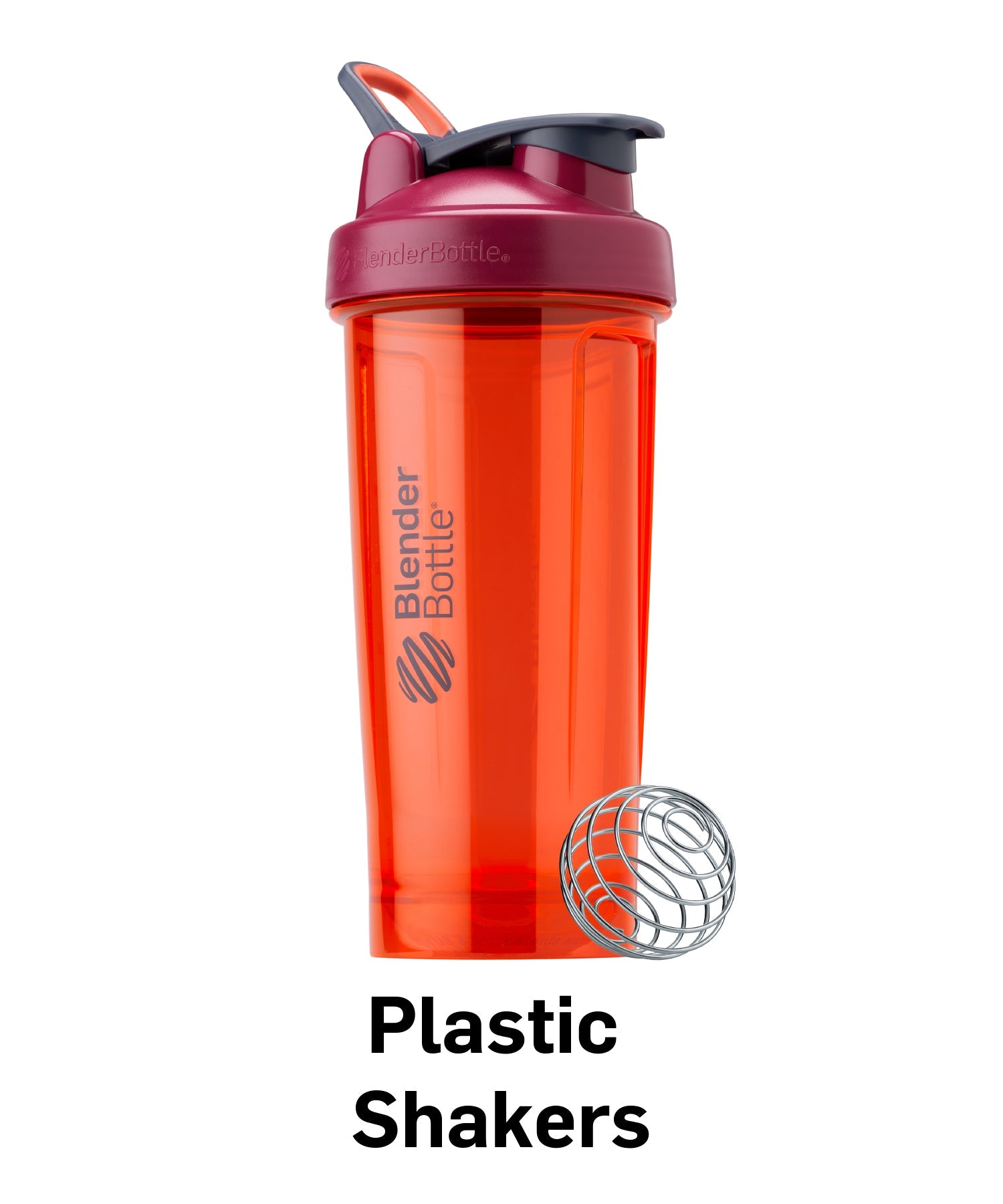 Plastic orange BlenderBottle on a tennis court, with shadows and a white line visible.