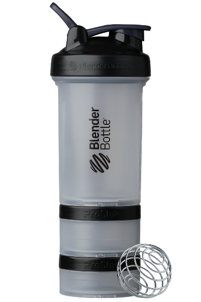 Clear and Black ProStak shaker with storage for pills, supplements, protein, and more. | Color#Clear Black