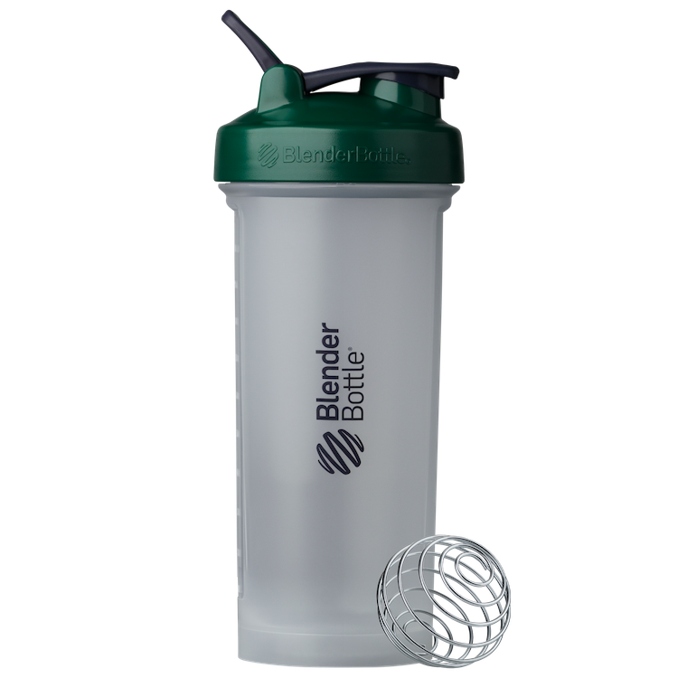 Clear Bottle, green lid BlenderBottle protein shake cup. | Color#clear green_Size#45oz