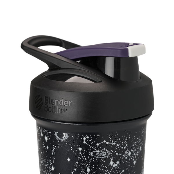 The Shaker Club - Stainless Sleek: A black stainless steel shaker with a purple flip cap, featuring a secure locking lid and BlenderBall® for smooth mixing.