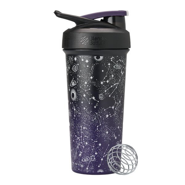 The Shaker Club - Stainless Sleek shaker bottle with BlenderBall® whisk and locking lid, showcasing its durable stainless steel design with a black and purple gradient bottle with white constellation design for smooth, secure hydration.