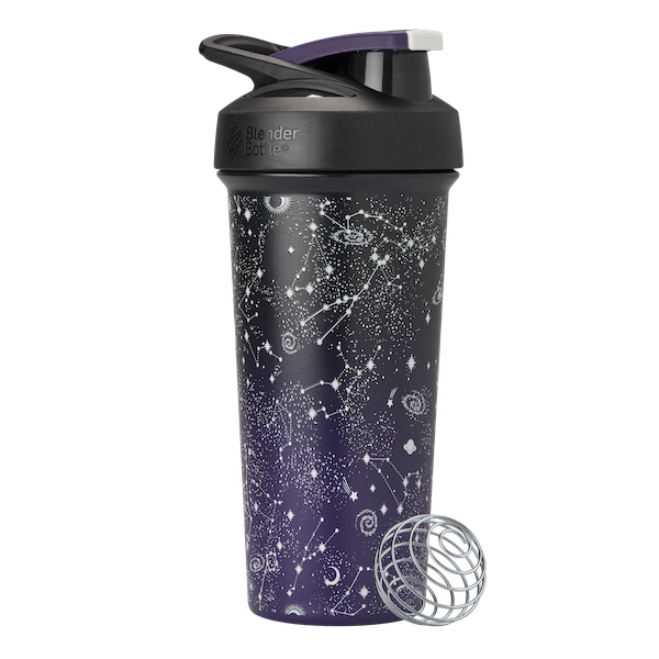 The Shaker Club - Stainless Sleek: Black and purple shaker with white constellation design, featuring durable stainless steel and a secure, leak-proof lid.