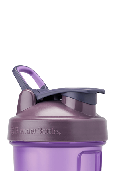 Purple shaker bottle lid with SpoutGuard™ to keep dirty fingers off the drinking spout.