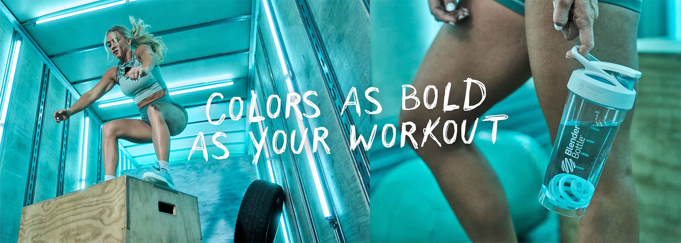 Women doing box jumps and a close-up photo of her BlenderBottle shaker featuring the BlenderBall color.