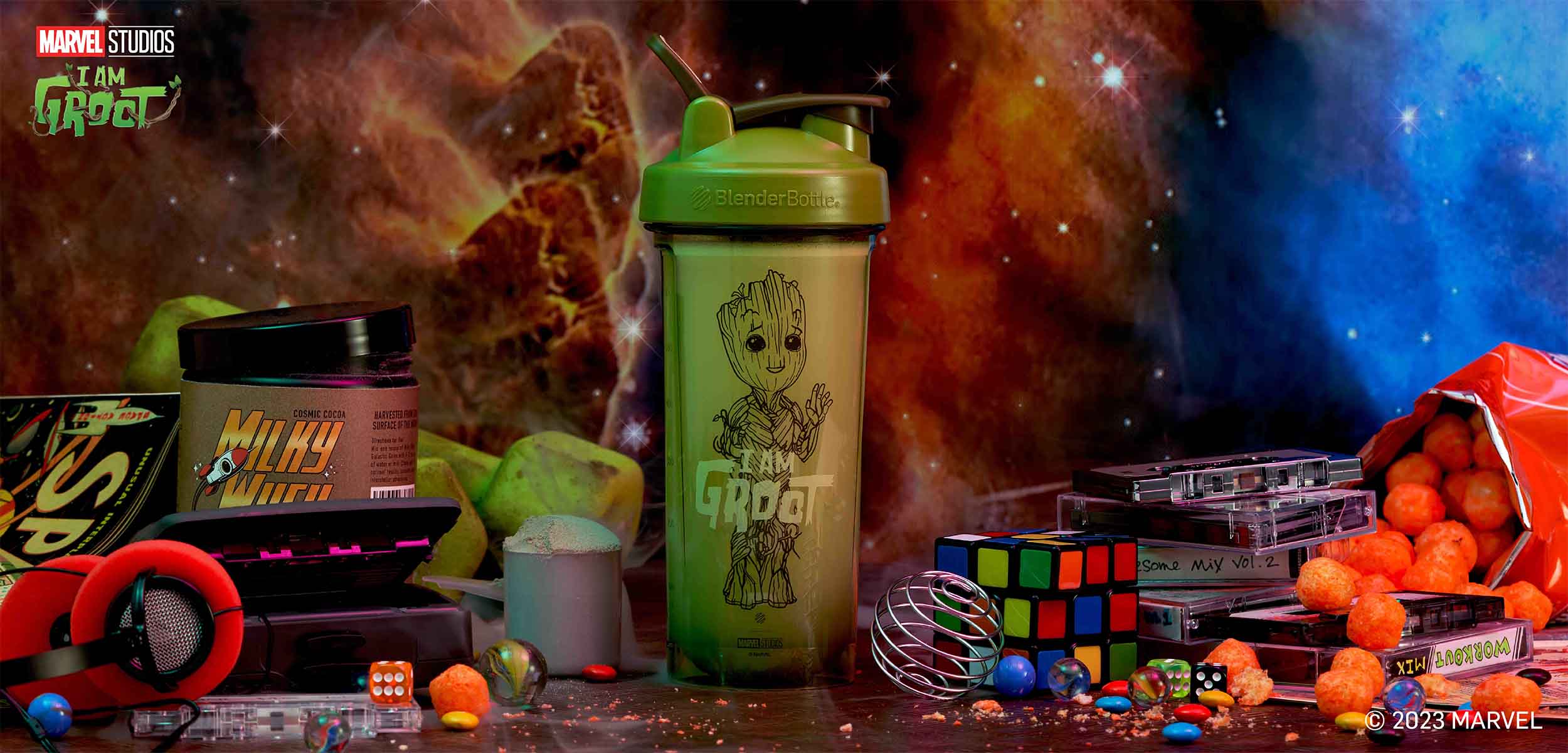 I Am Groot Shaker Cup in front of Guaridians of the Galaxy Background