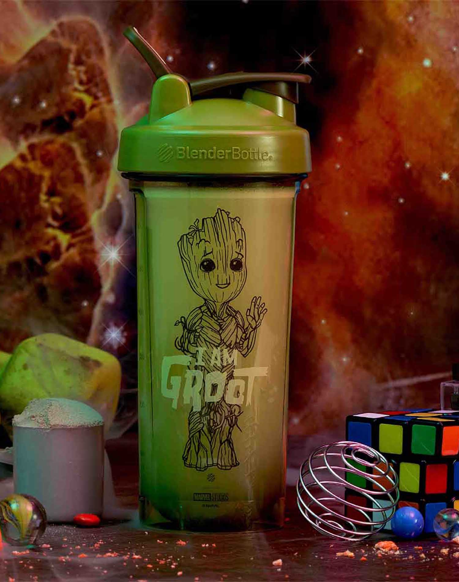 I Am Groot Shaker Cup in front of Guaridians of the Galaxy Background