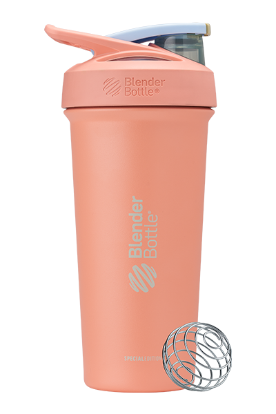 Strada® Sleek peach shaker bottle with lockable lid and BlenderBall for smooth blends, featuring an insulated, easy-grip design and advanced blending technology. | Color#Sherbet