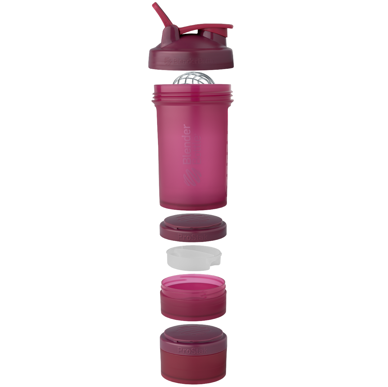 ProStak® shaker, featuring a wire whisk and integrated storage containers for supplements, ensuring smooth drinks and convenient portability for athletes.