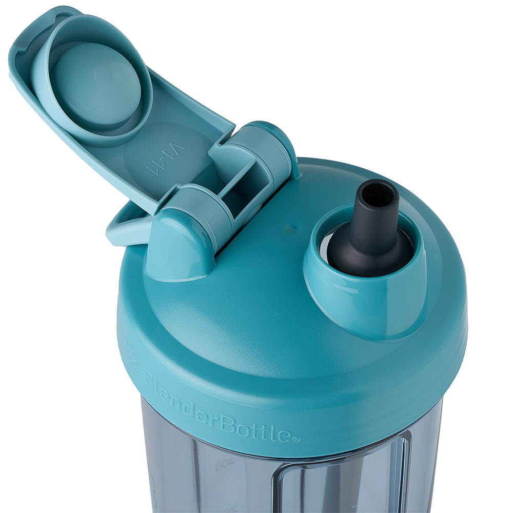 BlenderBottle shaker bottle straw positions itself in the drinking spout