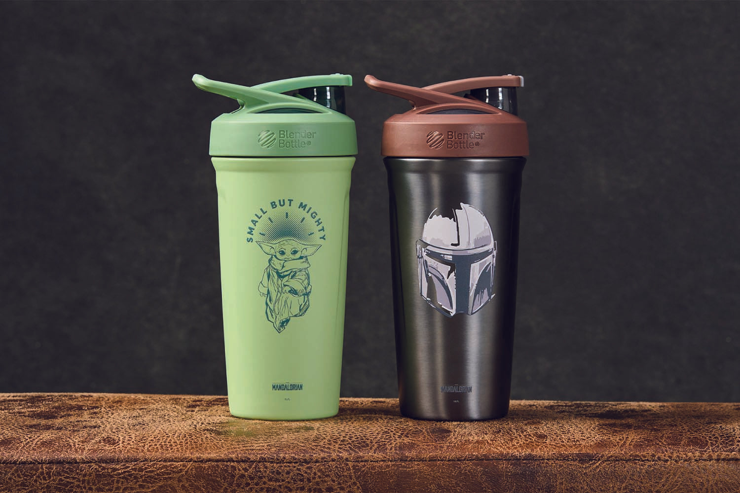 Grogu and The Mandalorian helmet shaker bottle on a bench press
