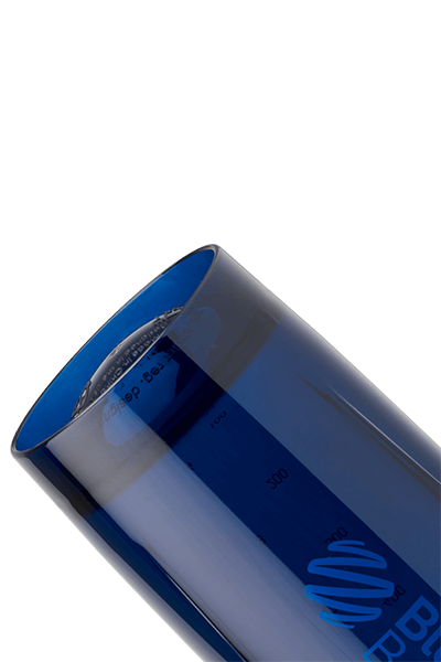 Transparent blue shaker cup with rounded base for smooth, lump-free protein shakes. | filter:all