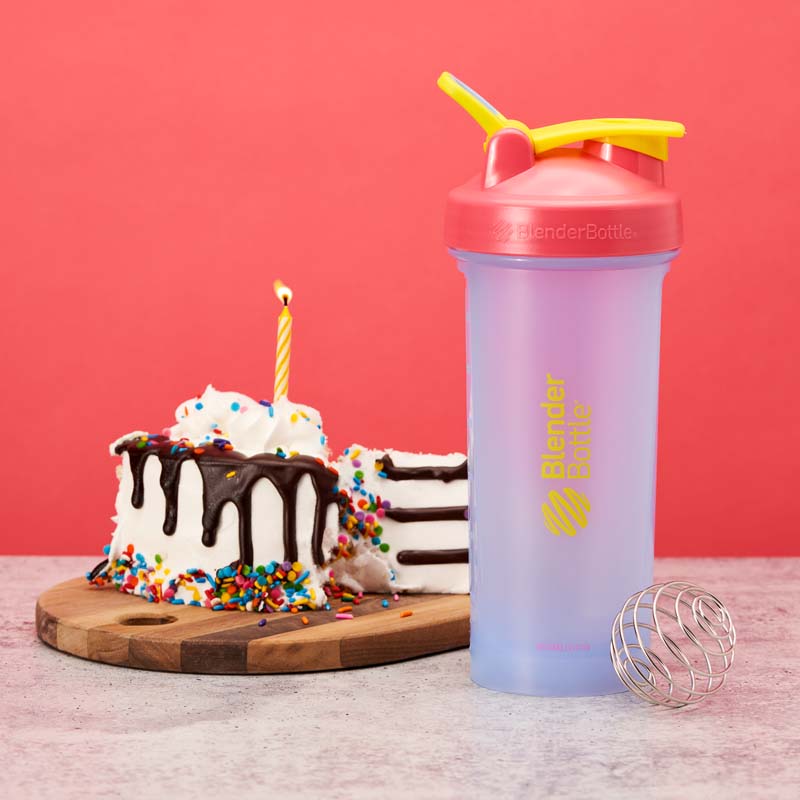 Arcade color of the month shaker in pink and blue with a birthday cake