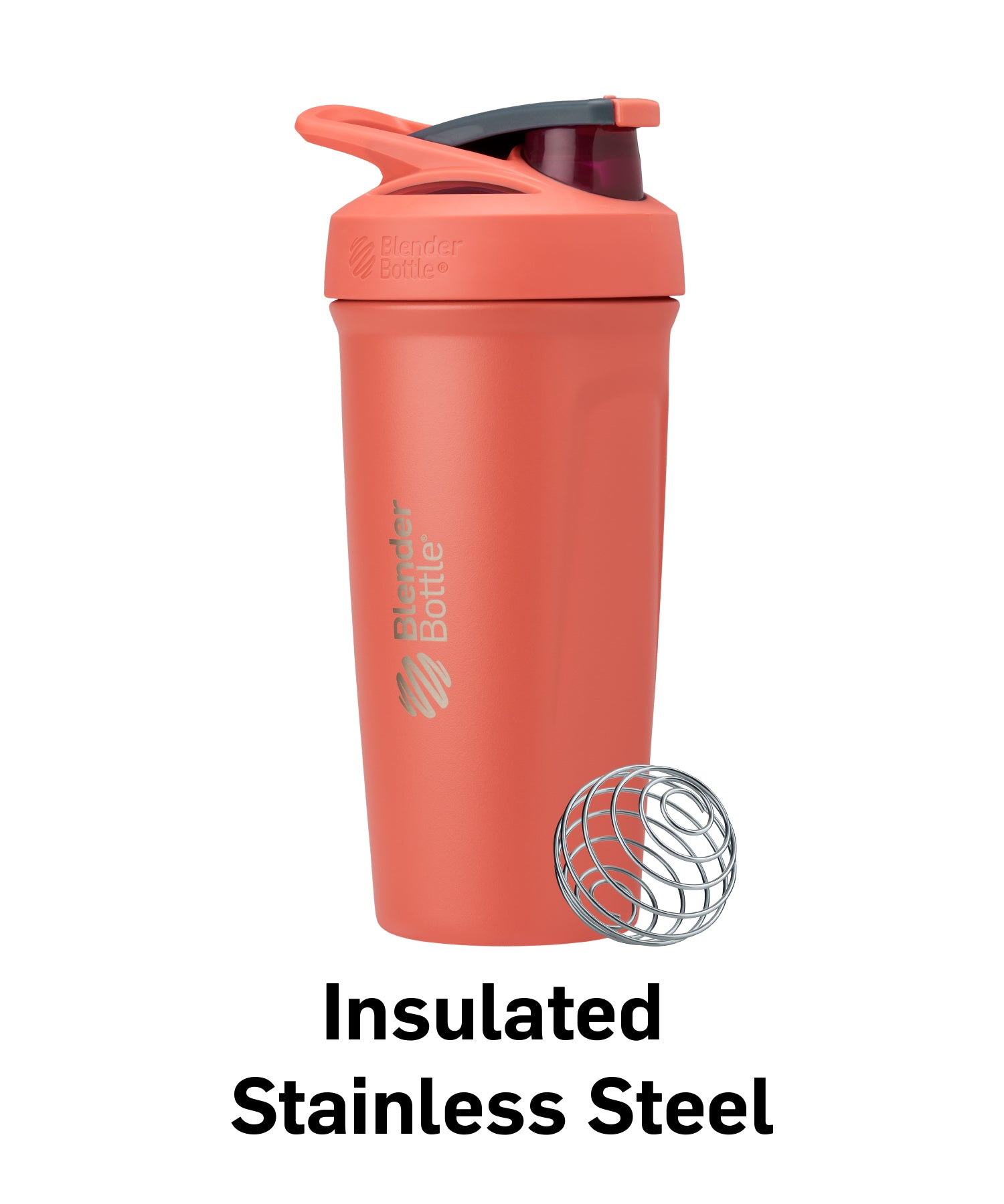 Close-up of a BlenderBottle magnetized on a metal pole, featuring a detailed view of its logo against an gym backdrop.