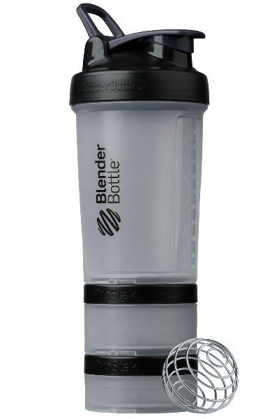 Clear and Black ProStak shaker with storage for pills, supplements, protein, and more. | Color#Clear Black