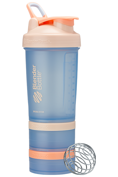 Blue and pink ProStak shaker with storage for pills, supplements, protein, and more. | Color#Beachside