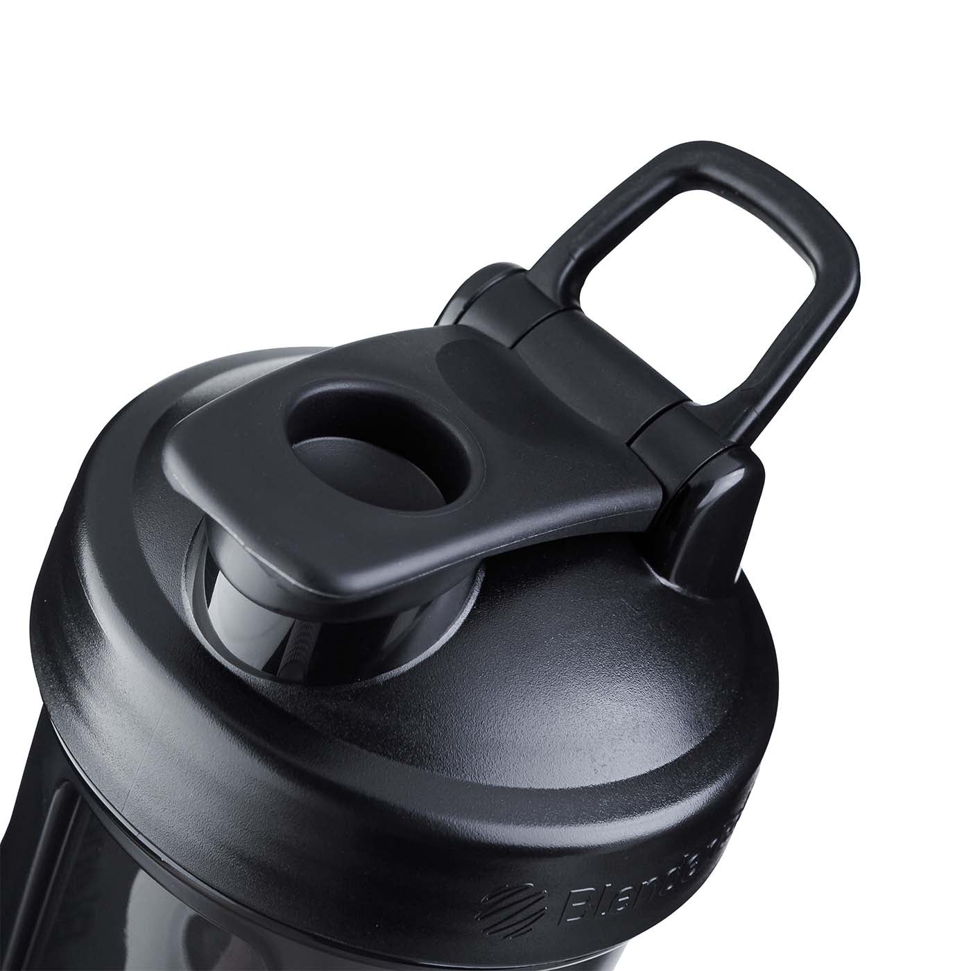 Black BlenderBottle shaker lid with flip cap, loop, and protected spout showcased. Practical and functional design highlighted. Neutral background.