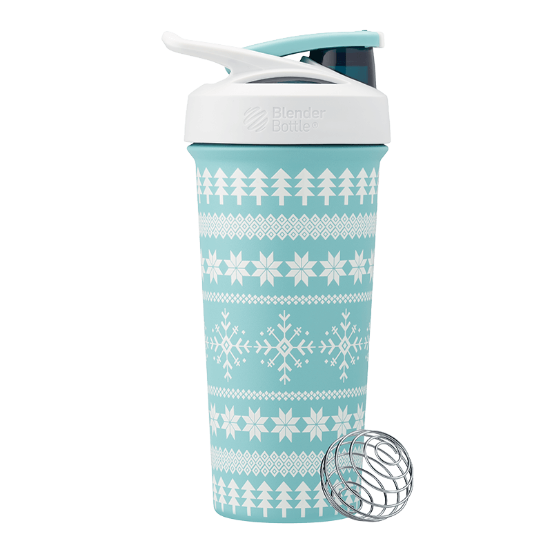 Blue Spruce - Strada® Sleek water bottle with snowflake and pine tree design, ideal for outdoor activities and holiday season hydration.