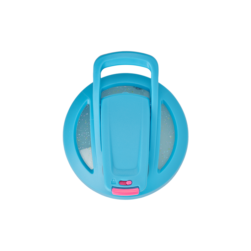 Blue shaker cup lid with pink locking mechanism