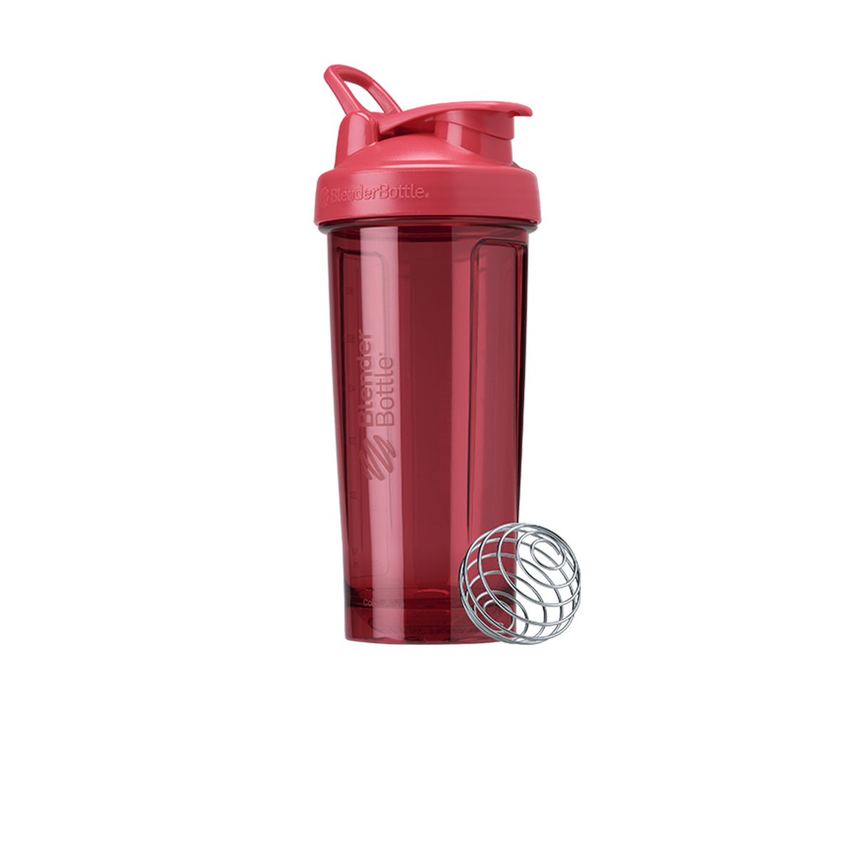 Transparent maroon shaker bottle.
