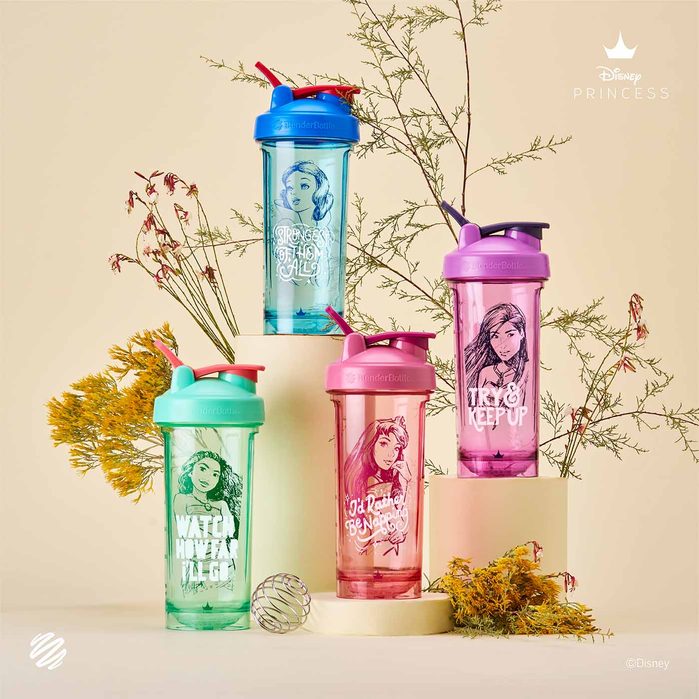 BlenderBottle princess shaker cups featuring Moana, Pocahontas, Aurora, and Snow White on a neutral background.