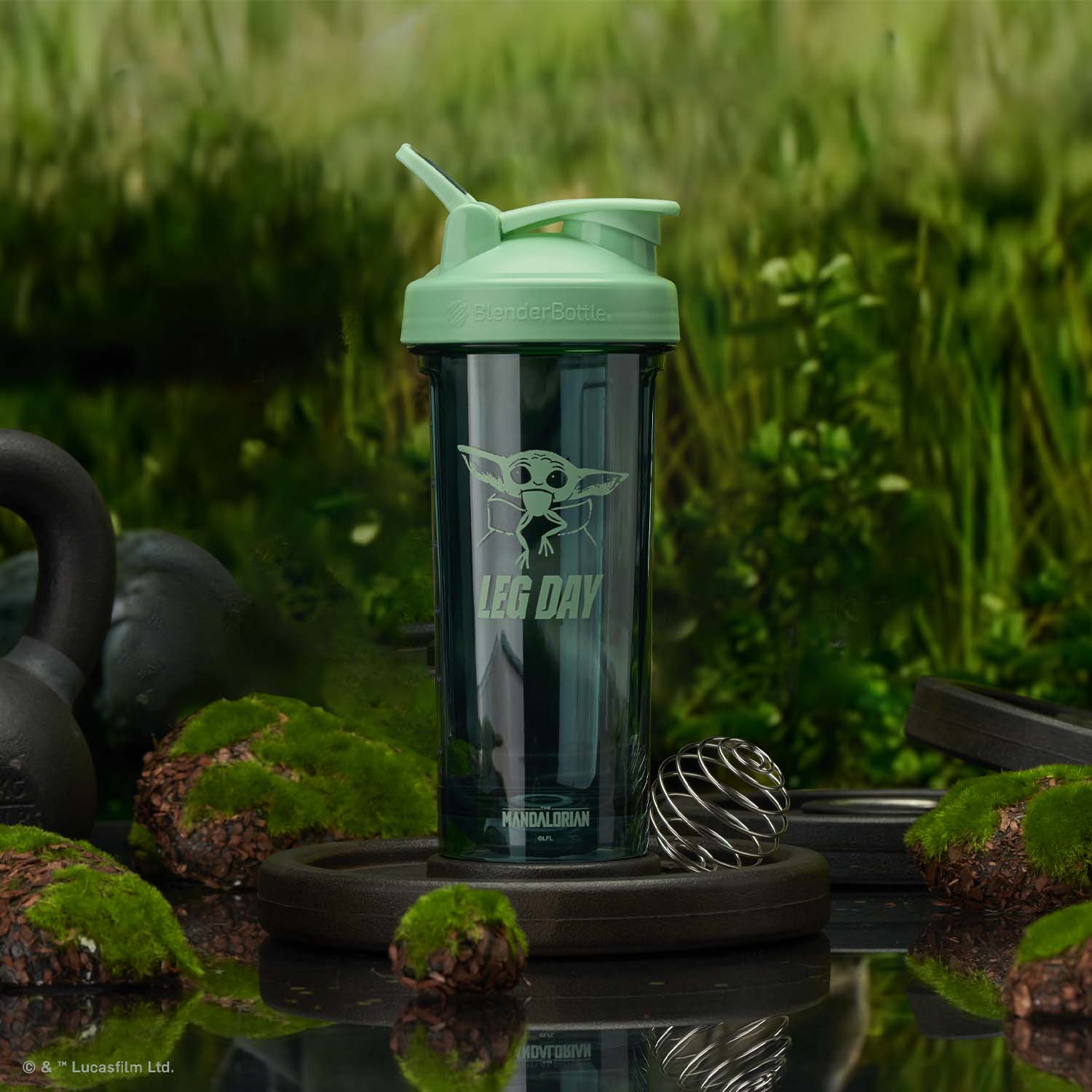 Grogu Leg Day BlenderBottle protein shaker cup in a mossy scene with various weights
