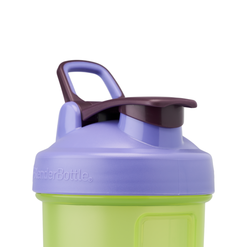 Green shaker bottle with purple lid