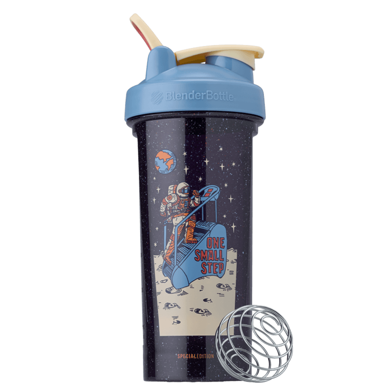 One Small Step - Pro Series shaker bottle with astronaut illustration, featuring a blue lid and straw, ideal for smooth, lump-free mixing with BlenderBall® whisk. 