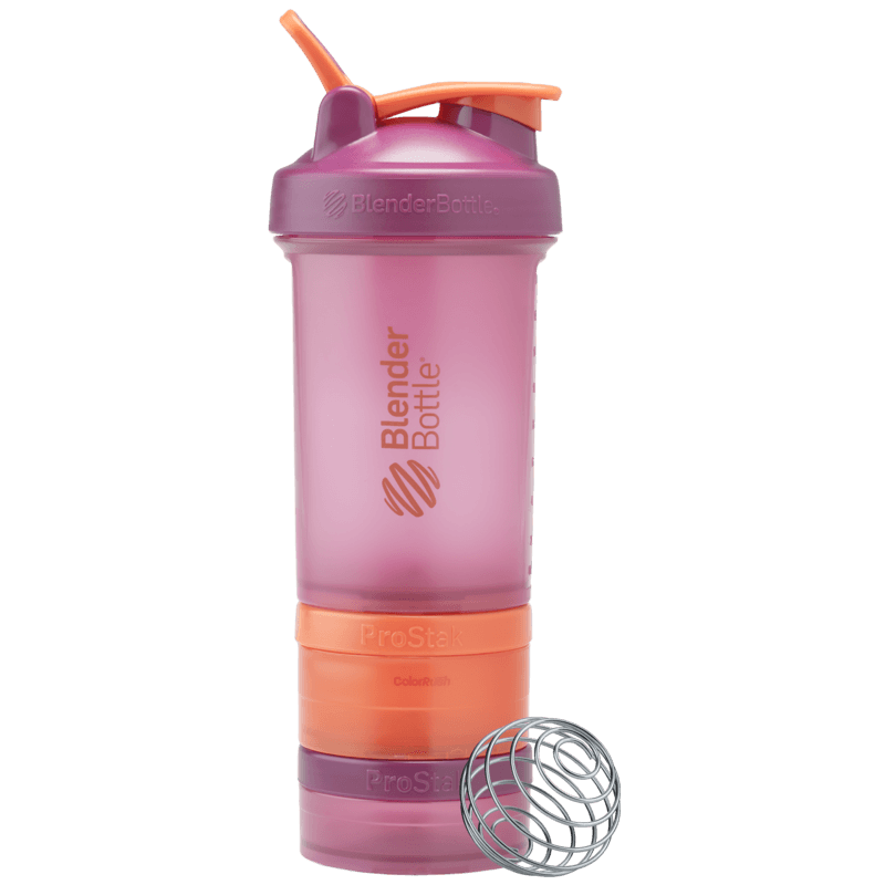 Puprle & orange ProStak shaker cup with compartments for supplement or protien storage