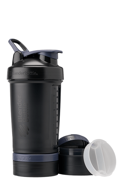 Black ProStak shaker with storage for pills, supplements, protein, and more.