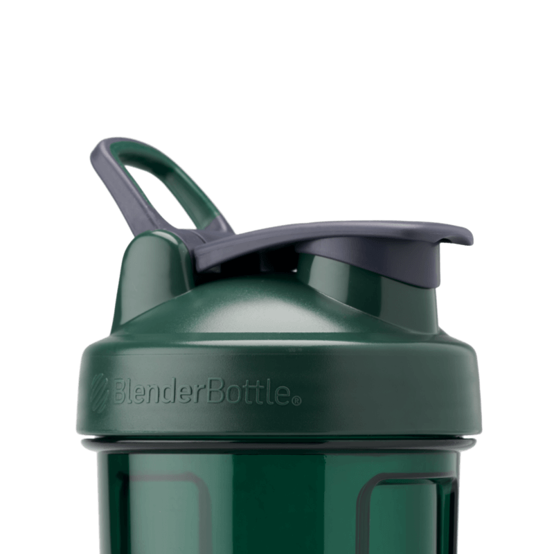 Green protein shake bottle with SpoutGuard™ to keep dirty fingers off the drinking spout.