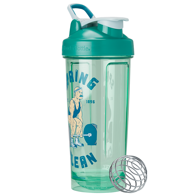 Spring Clean Teal BlenderBottle with vintage strong man lifting and the text Spring Clean at an angle with wire whisk