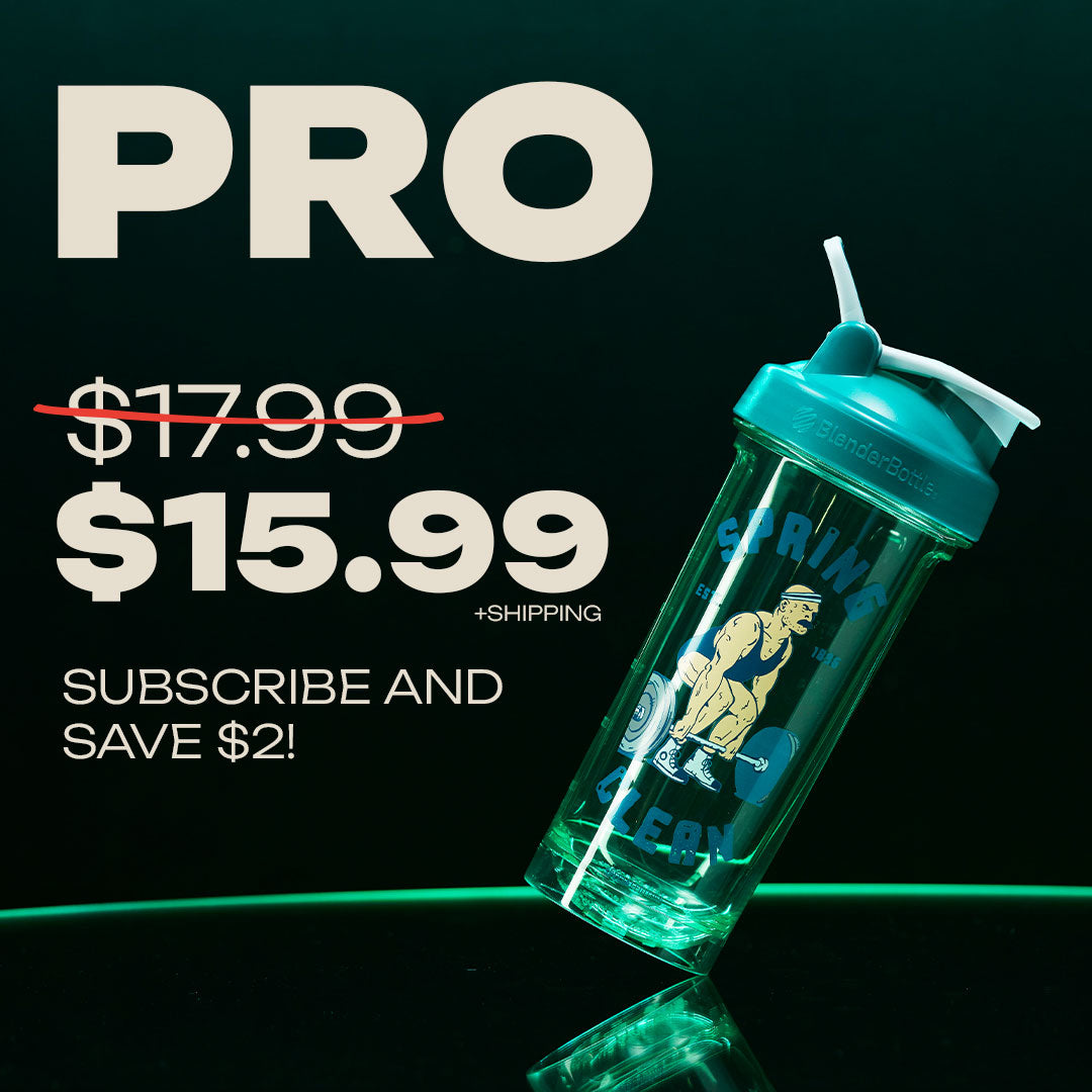 The Shaker Club - Pro Series: Green shaker with a straw and blue lid, featuring BlenderBall® for smooth mixes, ideal for fitness enthusiasts.