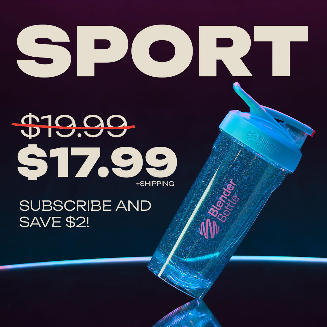 The Shaker Club - Sport: Blue shaker bottle with a flip cap, featuring secure locking lid and BlenderBall® whisk for smooth mixing, ideal for athletes.