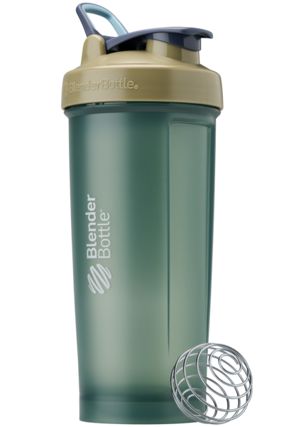 Green BlenderBottle protein shake cup.