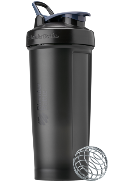 Black BlenderBottle protein shake cup.