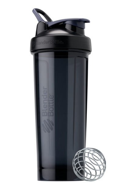 Black 32oz protein shake cup made of odor-resistant Tritan.