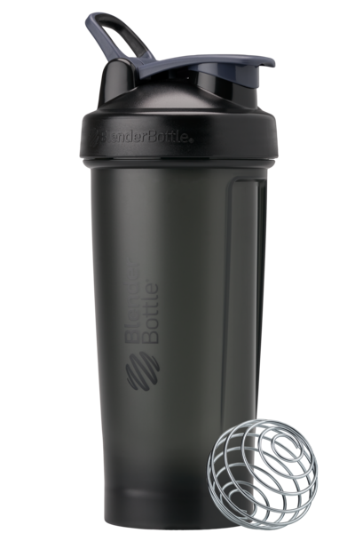 Black BlenderBottle protein shake cup.