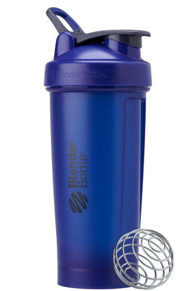 Cobalt blue BlenderBottle protein shake cup.