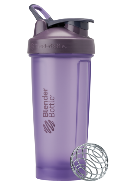 Purple BlenderBottle protein shake cup.