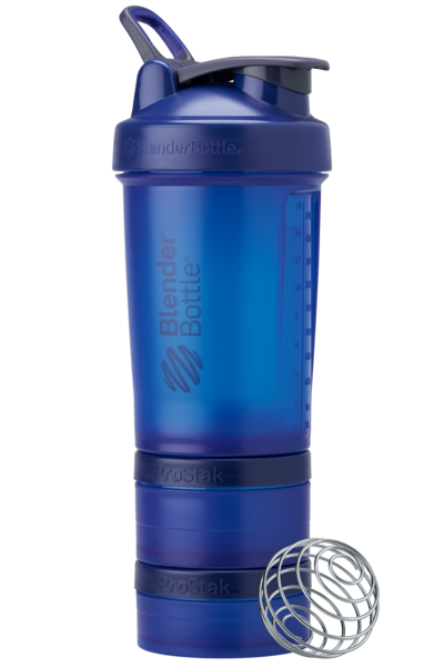 Cobalt blue ProStak shaker with storage for pills, supplements, protein, and more.