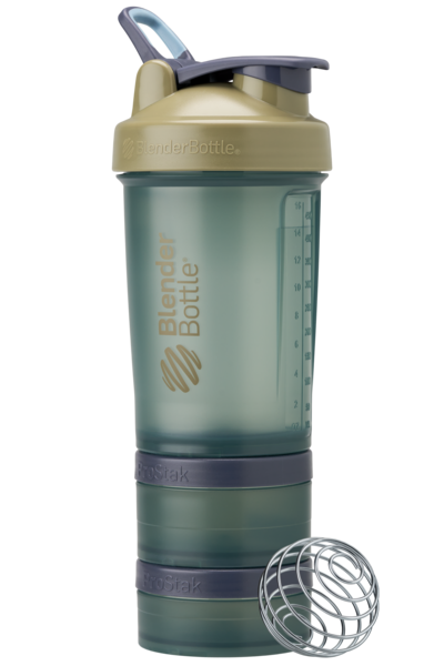 Green ProStak shaker with storage for pills, supplements, protein, and more.