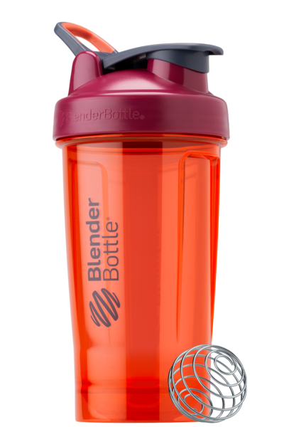 Orange 24oz protein shake cup made of odor-resistant Tritan.